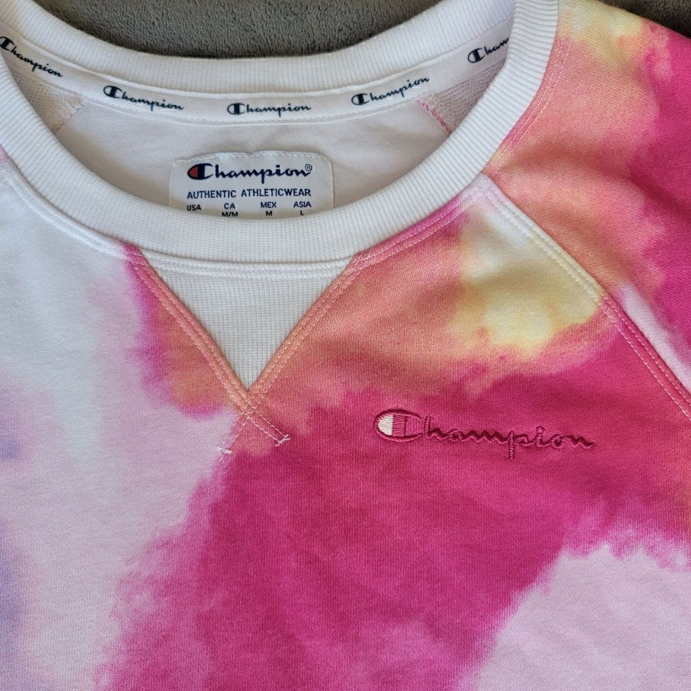 CHAMPION CAMPUS FRENCH TERRY CREWNECK SWEATSHIRT IN WHITE NEON WATERCOLOR SIZE M - Picture 4 of 11